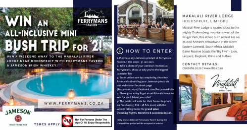 WIN an All-Inclusive Mini Bush Trip for 2 with Ferrymans Tavern & Jameson Irish Whiskey