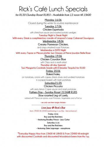 This Week's Specials at Rick's Cafe