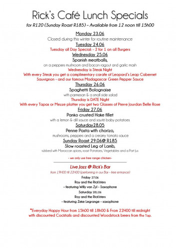 This Week's Specials at Rick's Cafe