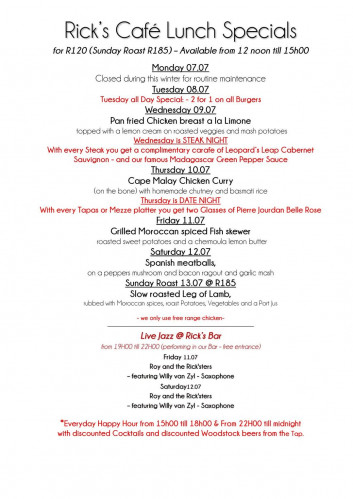 This Week's Specials at Rick's Cafe