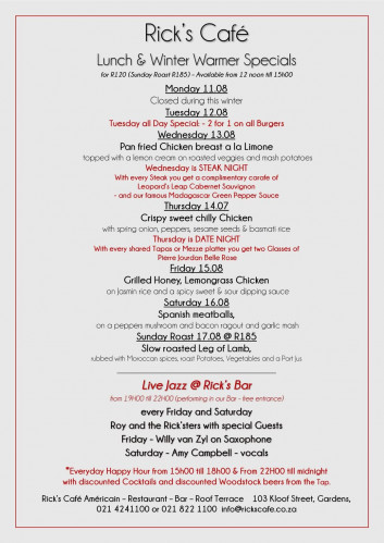 This Week's Specials at Rick's Cafe