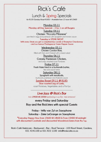 This Week's Specials at Rick's Cafe