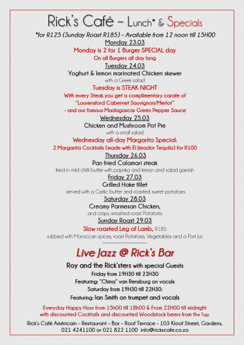 This Week's Specials at Rick's Cafe