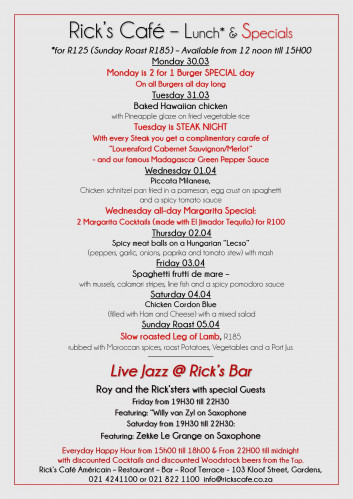 This Week's Specials at Rick's Cafe