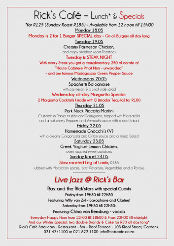 This Week's Specials at Rick's Cafe